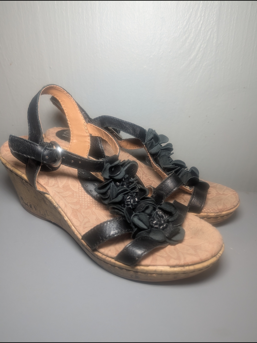 Black Floral Accent Wedge Sandals for Women